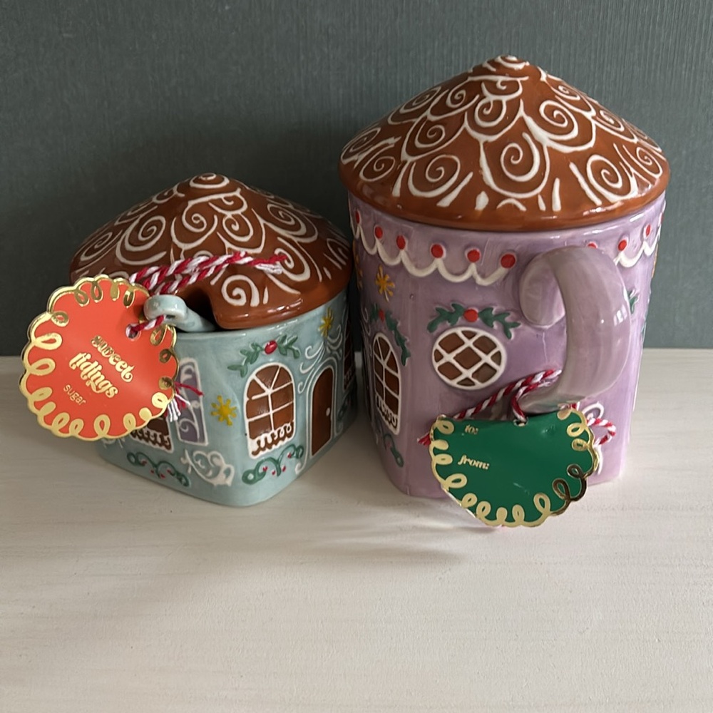 ANTHROPOLOGIE GINGERBREAD STONEWARE MUG AND SUGAR BOWL PURPLE BLUE NEW - Picture 3 of 13